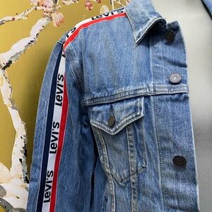 Levi's Blue Denim Jacket with Red and Black Accents